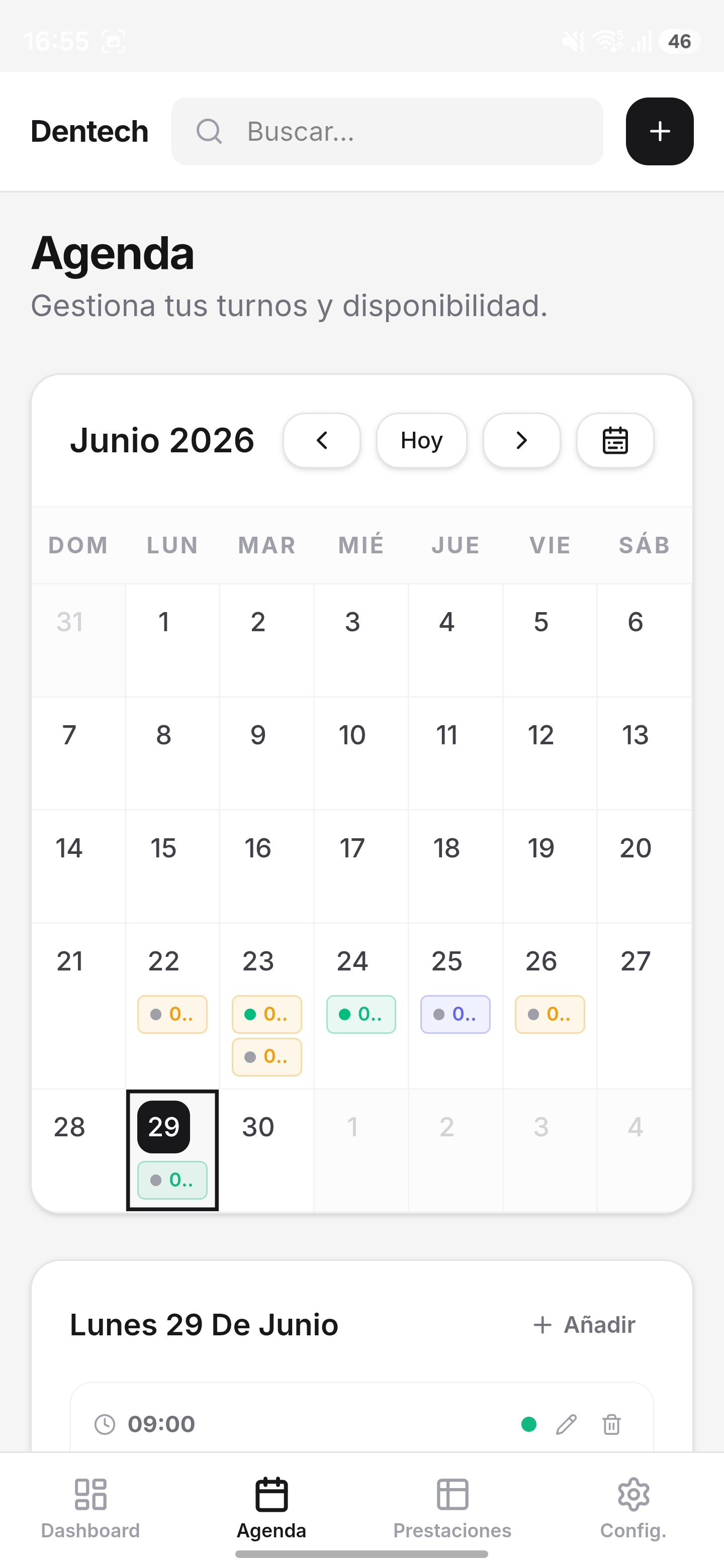 Pantalla de Agenda de Dentech, con calendario mensual y turnos del día.
