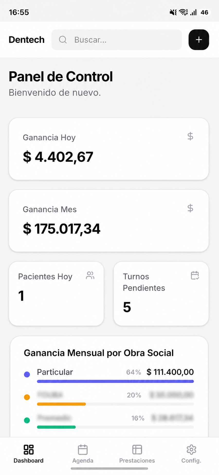 Panel de Control de Dentech, con ganancias diarias y mensuales desglosadas por obra social.